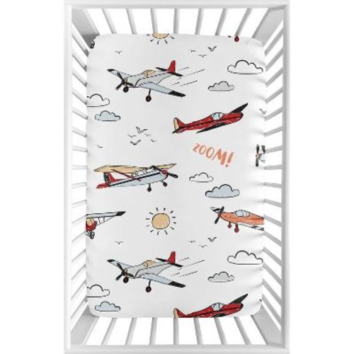 Sweet Jojo Designs Boy Baby Fitted Mini Crib Sheet Airplane Red Blue and Grey