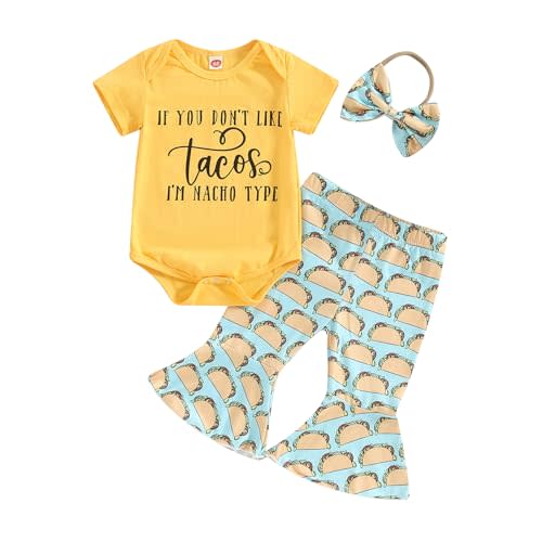 Chloefairy Baby Girl Summer Clothes If You Dont Like Tacos Im Nacho Type Romper Bell-Bottoms Flare Pants Set Headband 0-12M