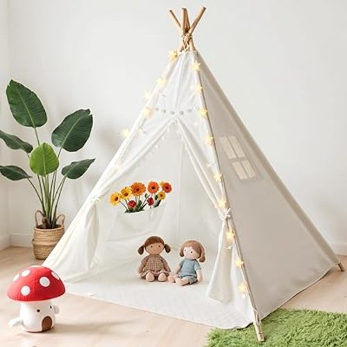 Teepee Tent with Starry Lights, Ground Mat and Pockets, Kids Teepee Tents for Indoor & Outdoor Use, Foldable Play Tents for Boys & Girls, Washable Toddler Play Tent for Birthdays & Holidays