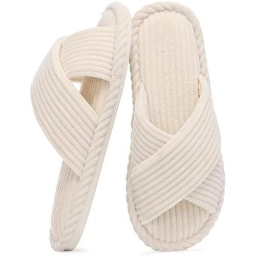 Evshine House Slippers for Women Memory Foam Bedroom Slippers Corduroy Open Toe Slides Shoes Indoor and Outdoor