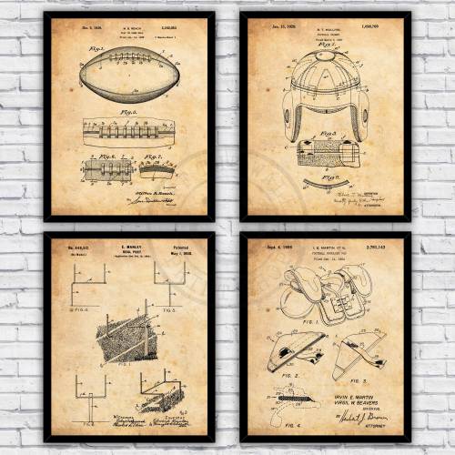 Football Ball Helmet Goal Pads Sports Patents Four Pack - Wall Art Prints Decor - Size and Frame Options