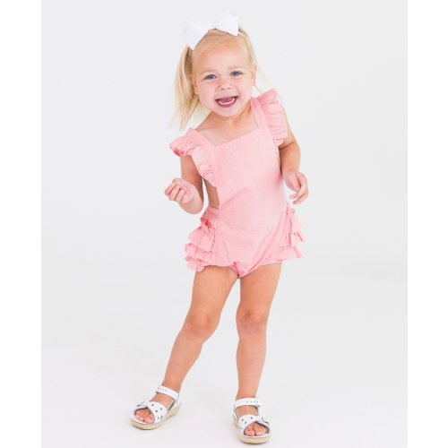 Pink Embroidered Vintage Dot Flutter Overall Romper