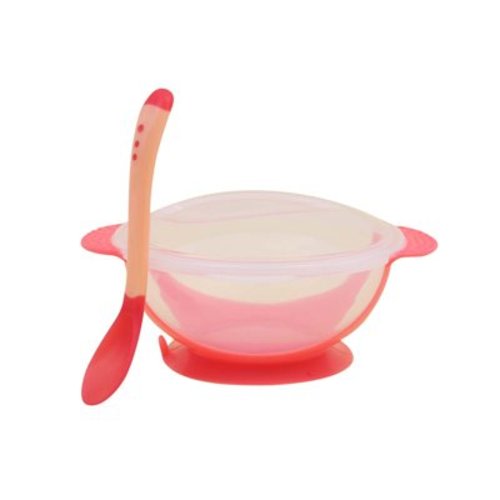 Odeerbi Baby Bowls And Spoons Set Suction Cup Sucker Bowl With Thermal Spoon Set Children Plastic Training Bowl Set Pink