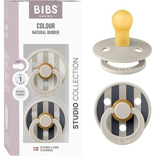 BIBS Pacifiers - Colour Studio 2 Pack | Round Nipple Baby Pacifier | BPA Free Natural Rubber Latex Soother | Made in Denmark | Size 0+ Months | Block Sand