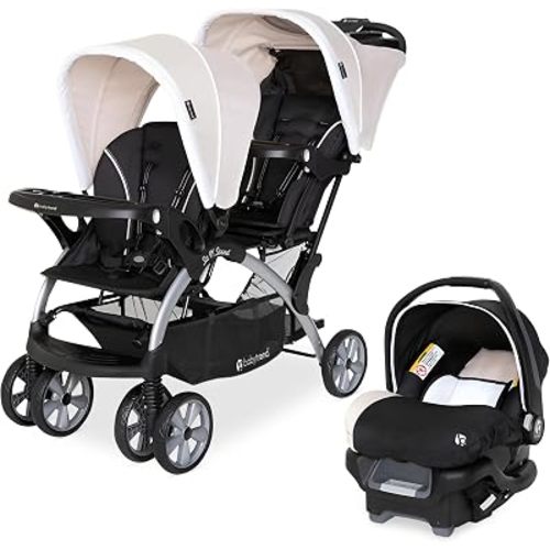 Baby Trend Cochecito Doble para Bebés y Niños Pequeños y Combo de Asiento de Automóvil, Juego de 2 Piezas, Caqui - Dúo de Cochecito Portátil y Ligero y Sistema de Viaje con Asiento de Automóvil Tándem