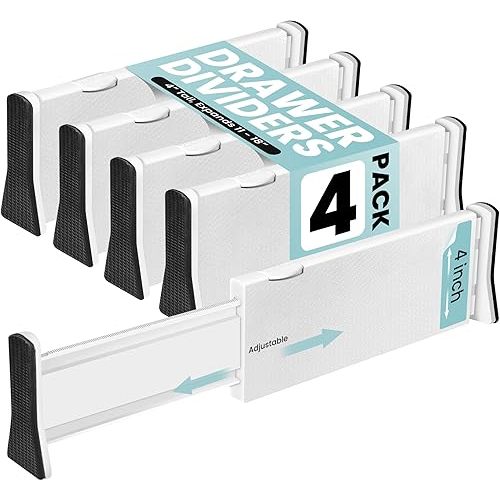RAPTUROUS Adjustable Drawer Dividers 4 Pack, 4” High, 11-17” Long, Dresser Drawer Divider for Bedroom, Closet, Kitchen, Nursery Organization, Office, Strong & Sturdy Hold, Soft Foam Edges（White）