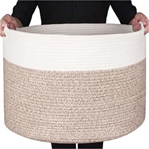 MINTWOOD Design Extra Large 22 x 14in Decorative Blanket Basket for Living Room, Laundry Basket, Woven Cotton Rope Basket, Dog Toy Storage Bin Baskets, Round Basket for Pillows Towels, Light Brown