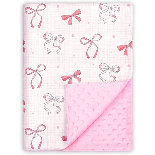 Baby Blankets for Girls, Pink Bow Soft Nursery Minky Blanket with Muslin Cotton Front and Dotted Fleece Backing Lightweight Bed Throw Blanket 30 x 40 Inches