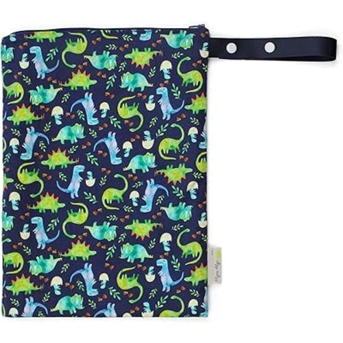 Itzy Ritzy Sealed Wet Bag with Handle – Wet Bag for Travel, Swimsuits, Cloth Diapers, Gym Clothes & Toiletries - Washable & Reusable with Water Resistant Lining - Measures 11” x 14” (Dinosaur)