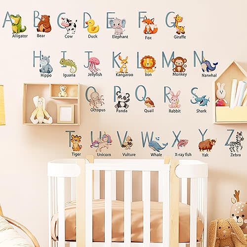 Animal Alphabet Wall Decals, Colorful ABC Letters Stickers,Kids Wall Stickers Peel and Stick Removable Alphabet Decals,for Nursery Bedroom Kids Room Wall Closet Decor Toddler Boys Girls ABC Letters