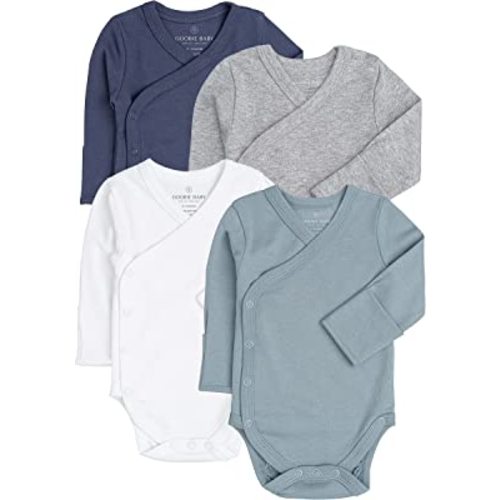 Baby Side Snap Bodysuit Set, 100% Cotton Boy Girl Unisex Kimono Onesie, 4 Pack