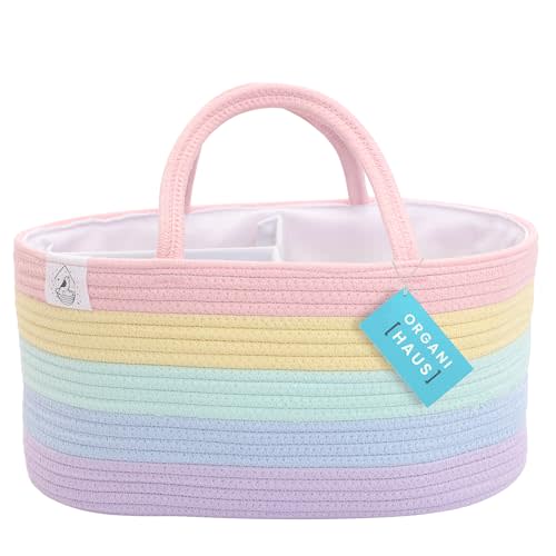 OrganiHaus Pastel Rainbow Basket | Rope Diaper Caddy Basket | Baby Diaper Caddy Organizer | Nursery Basket & Baby Baskets for Newborn Baby Diaper Organizer for Rainbow Decor | Diaper Storage Organizer