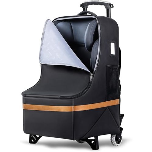 Upgraded Car Seat Travel Bag with Wheels, Car Seat Bags for Air Travel, Car Seat Storage Bag with Foldable Trolley, Padded Car Seats Backpack for Airplane, Airport Gate Check, Black