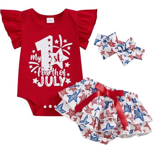 Baby Girl 4th Of July Outfit Newborn Ruffle Romper Skirt Set Independence Day My 1st Fourth of July Outfit 3Pcs Set