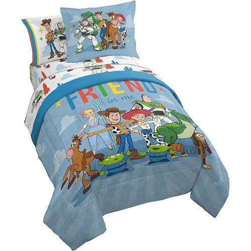 Jay Franco Kids Comforter Set Includes Sheets and Pillow Cover - Soft and Cozy Bed Set for Stylish Room Decor, Blue - Toy Story, 5 Piece Twin