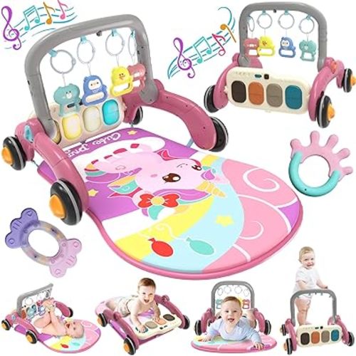 Baby Play Mat Walker, Multifunctional Baby Activity Center with Kick and Play Piano Gym for Baby 0-3-6-9-12 Months, Tummy Time Mat for Walker for Baby Girl boy 6-12 Months(Pink)