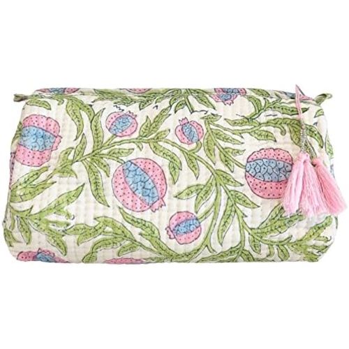 Block Print Designer Toiletry Bag & Makeup Case - Boho Floral Quilted Pouch for Cosmetics