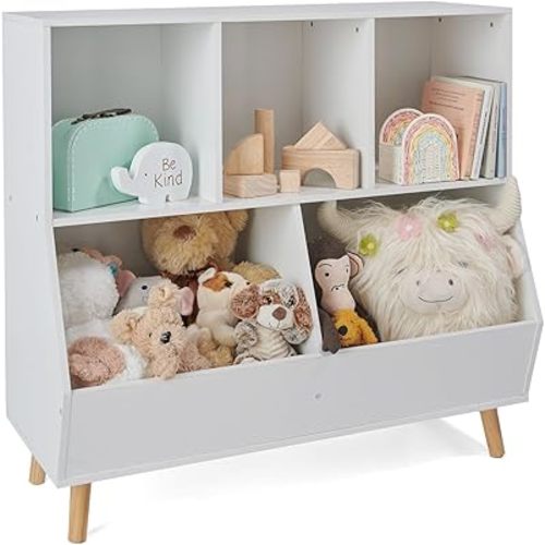 Badger Basket Kid's Bookshelf and Toy Organizer, 5-Bin Wooden Toy Storage with Feet - Fresh White