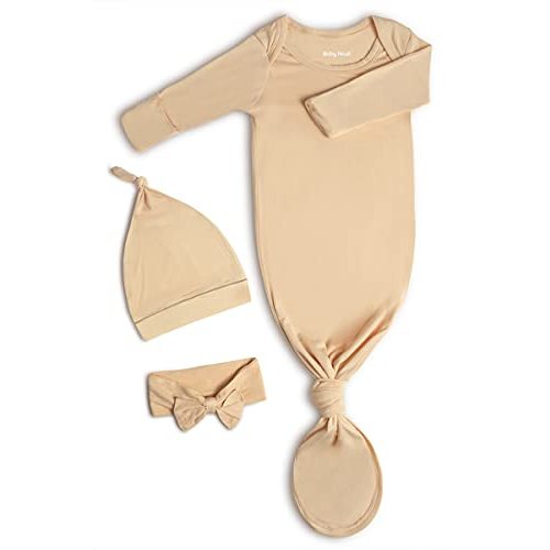 Knotted Gown Baby Newborn Hospital Outfit, Modal Infant Sleeper Gowns with Mittens, Bow and Hat Set, Nightgowns 0-3 Months