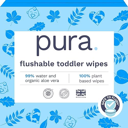 Pura Flushable Toddler Wipes, 600 Count (10 Packs of 60) 100% Plastic Free, 99% Water, Hypoallergenic, Fragrance Free, Chlorine Free, Kids Toilet Wipes for Sensitive Skin