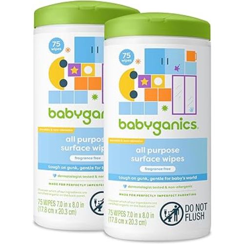 Babyganics All Purpose Surface Wipes, 75 ct, Plant Based and Non-Abrasive, No Ammonia, No Bleach, Packaging May Vary