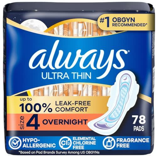 Always Ultra Thin Overnight Pads with Wings, Size 4, Overnight, 78 Count (3 Packs of 26)