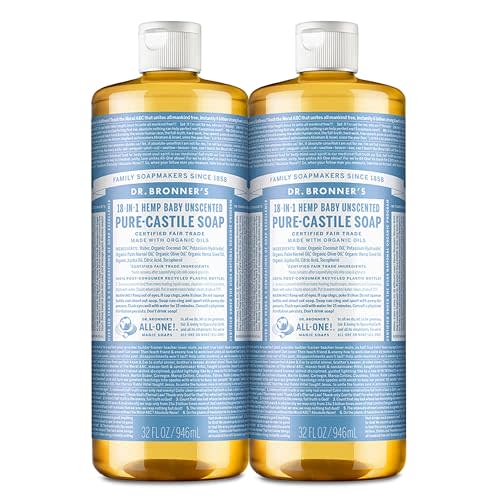 Dr. Bronner's - Pure-Castile Liquid Soap (Baby Unscented, 32 ounce, 2-Pack) - Made with Organic Oils, 18-in-1 Uses: Face, Hair, Laundry and Dishes, For Sensitive Skin and Babies, No Added Fragrance