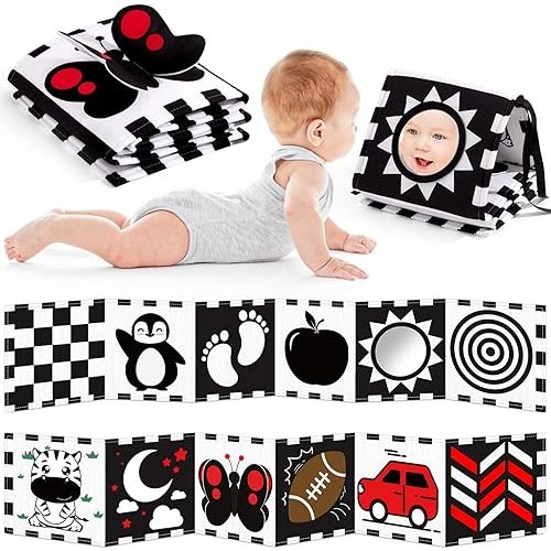 High Contrast Baby Book and Sensory Toy Set for 3 Months – Soft Crinkle Pages, Tummy Time Development, and Safe Mirror for Visual Stimulation – Ideal Newborn Gift for Boys and Girls