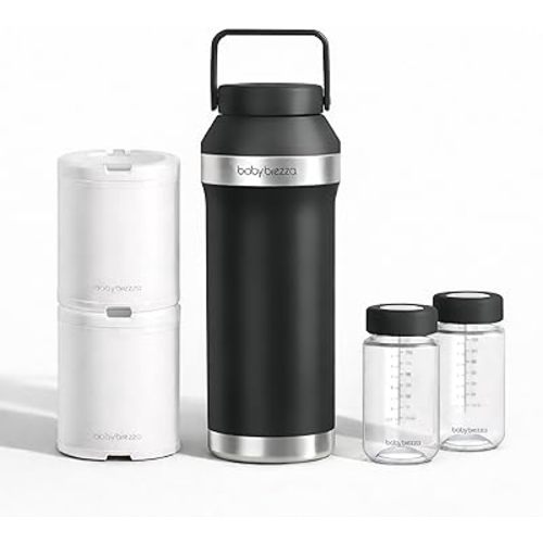 Baby Brezza All Day Portable Breastmilk Cooler, Large 20z Capacity, Insulated Travel Bottle Includes 2 Ice Packs + 2 Bottles, Black