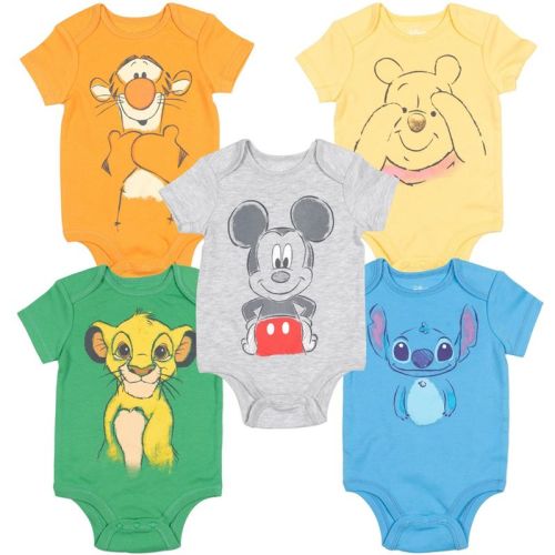 Disney Mickey Mouse Lion King Pooh Bear Tigger Stitch Baby 5 Pack Bodysuits 3-6 Months