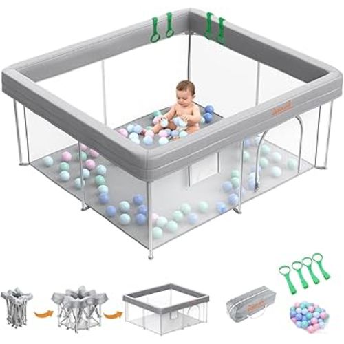Foldable 50x50 Playpen, Portable Baby Playpen for Babies & Toddlers, Quick Fold Safety Play Yard with Balls, Pull Rings & Carry Bag, Indoor & Outdoor, Grey