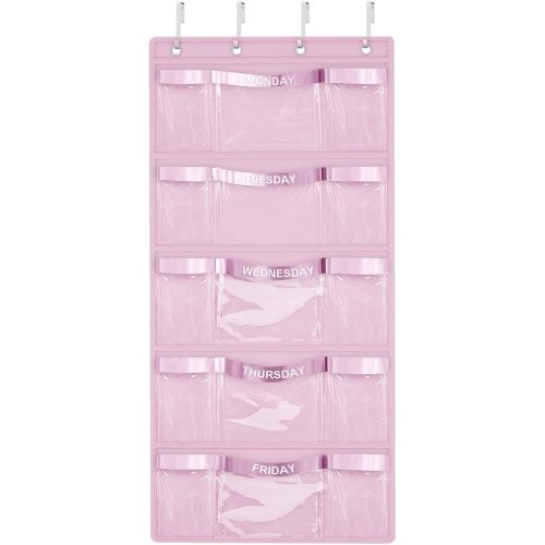 VERONLY Weekly Hanging Closet Organizer for Kids,Day of Week Kids Clothes Organizer,School Clothing Storage Monday to Friday Hanging Closet Organizer Shelves for Bedroom,Bathroom,Dorm (Pink)