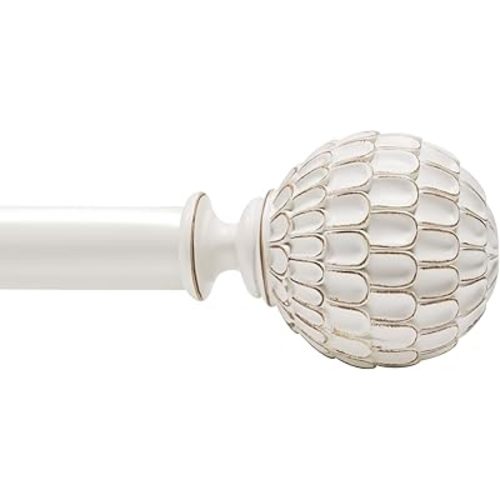 Vintage White Curtain Rod for Windows 66 to 120 inch, 1-inch Heavy-Duty Adjustable Curtain Rod with Decorative Pinecone finials for Farmhouse Living room, Bedroom, Dining room