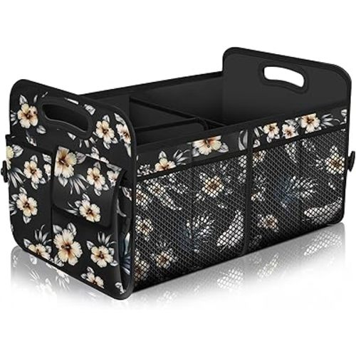 Femuar Car Trunk Organizer,Car Storage Organizer with 72L Large Capacity Waterproof Collapsible and 11 Pockets,Trunk Organizer for Car Suv/Jeep/Sedan, Large Size, Hibiscus flowers