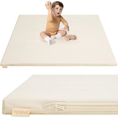 YOSING Padded Baby Play Mat, Vegan Leather 50x50 Playpen Mat, Waterproof Tummy Time Mat for Boy& Girl, Extra Thick& Super Soft Baby Playmat That Fits Nicely Into Any Playroom, Beige