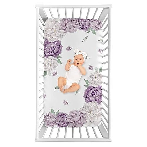 Sweet Jojo Designs Lavender Purple Boho Shabby Chic Floral Girl Baby Fitted Crib Sheet Photo Op Infant Newborn Nursery Toddler Bedroom Standard Mattress Violet Ivory Bohemian Vintage Watercolor Flower