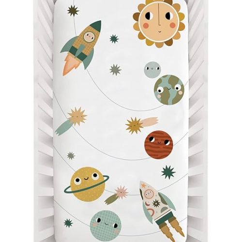 Rookie Humans 100% Cotton Sateen Fitted Crib Sheet: Space Explorer. Modern Nursery, Use as a Photo Background for Your Baby Pictures. Standard Crib Size (52 x 28 inches)