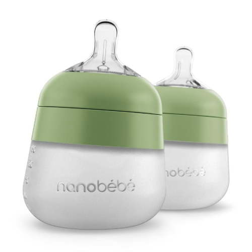Nanobébé Flexy Silicone Baby Bottle, Anti-Colic, Natural Feel, Non-Collapsing Nipple, Non-Tip Stable Base, Easy to Clean 2-Pack, Sage, 5 oz