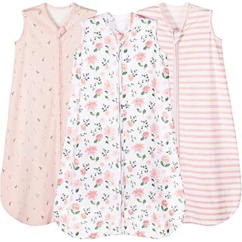 PHF Soft Baby Sleep Sack 0-6 Months 100% Organic Cotton Wearable Blanket, 2-Way Zipper 0.5 TOG Toddler Sleeping Sack 3 Pack, Comfy Sleep Bag for Baby Girls, Pink Floral (Small)
