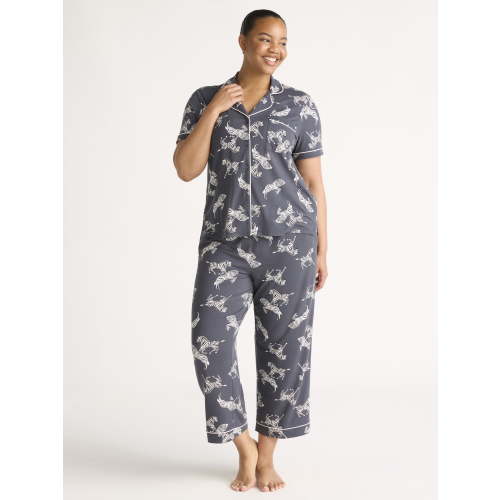 Joyspun Women's Dreamy Soft Collection Notch Collar Short Sleeve Knit Top & Capri Pajama Set, 2-Piece, Sizes XS-3X