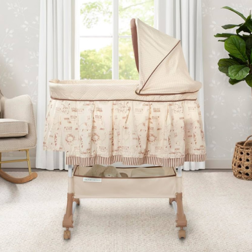 Delta Children Rocking Bedside Bassinet - Portable Crib with Lights Sounds and Vibrations, Play Time Jungle