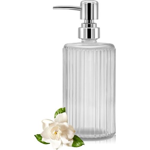 Glass Soap Dispenser - 17oz Ribbed Clear Glass Bottle with 304 Stainless Steel Pump, Refillable Soap Dispenser for Hand Dish Lotion Shampoo Conditioner for Kitchen Bathroom Countertop (Transparent)