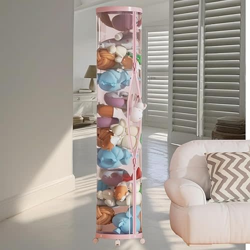 Stuff Animal Organizer,Stuffed Animal Zoo Storage, Stuffed Animal Storage TubePET Transparent Bucket with Zipper for Kids Toy Organizer,59" X 10"Large Toy Storage Box (Pink)