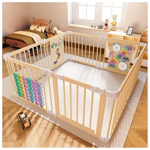 Wooden Baby Playpen, Foldable Play Yard with Built-in Toys 57"x57" | Natural Wood Playpen with Child-Proof Lock, Easy Assembly and Clean, for Babies & Toddlers, CPC Certified & SGS Tested