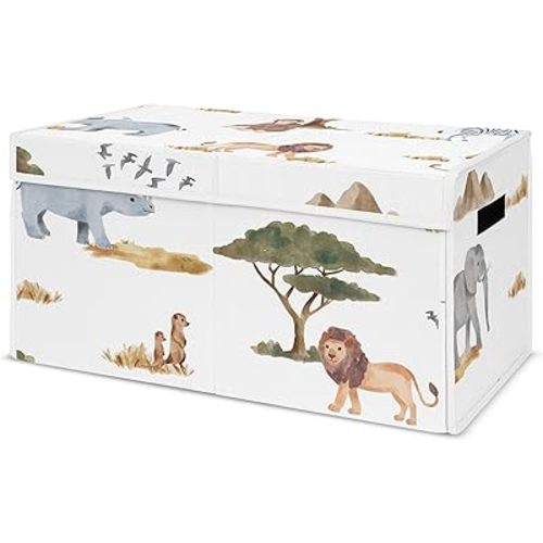 Sweet Jojo Designs Jungle Animals Small Fabric Toy Bin Storage Box Chest Baby Nursery Kids Room Dark Hunter Green Yellow Grey Black White Wildlife Safari Elephant Giraffe Lion Monkey Leopard Cheetah