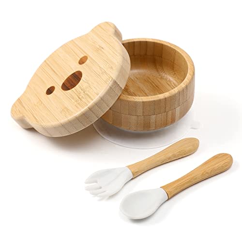 Baby Bowls with Lid,HBM Bamboo Suction Bowls for Baby and Spoon Set,3PC Feeding Supplies Set for Infant, Toddlers,Detachable Silicone Suction Stay Put Base for Wooden Bowl (Marble)