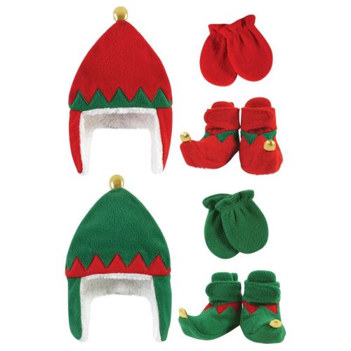 Hudson Baby 6pc Trapper Hat, Mitten And Bootie Set, Red Elf Green Elf, 0-6 Months