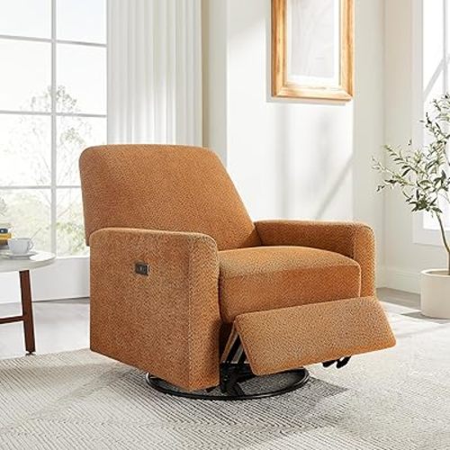 VANOMi Power Swivel Glider Recliner Chair, Electric Nursery Rocker Recliner Chair, USB & Type-C Charger, Boucle Curry
