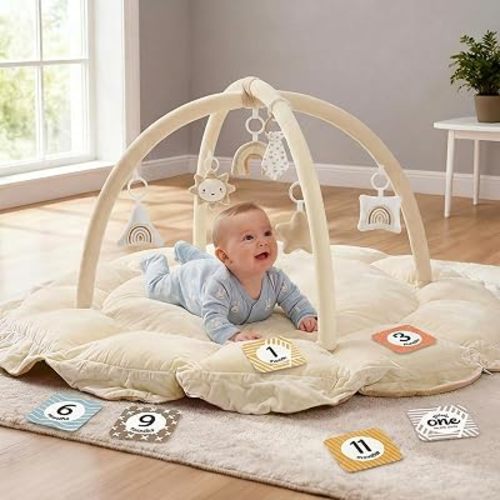 5-in-1 Thick & Plush Baby Play Gym, Baby Play Mats for Floor, Tummy Time Mat with 6 Toys, Convertible Stage-Based Developmental from Babies to Toddlers, Ball Pit, Cream