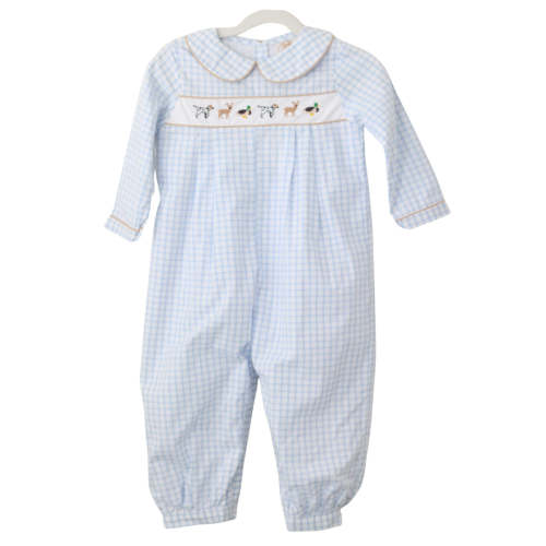 BOYS WINDOWPANE HUNTING RIBBON ROMPER – Little Bear Smocks